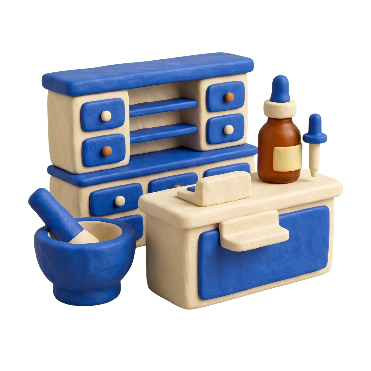 Pharmacy illustration in blue and ivory clay
