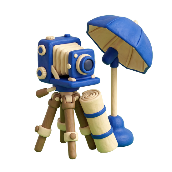Photography studio illustration in blue and ivory clay