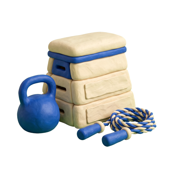 Physical fitness program illustration in blue and ivory clay
