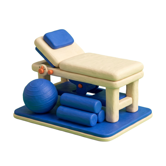 Physical rehabilitation center illustration in blue and ivory clay