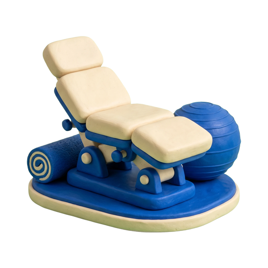 Physical therapy clinic illustration in blue and ivory clay
