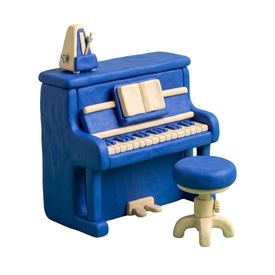 Piano instructor illustration in blue and ivory clay