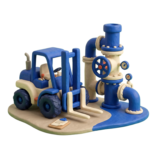 Pipe supplier illustration in blue and ivory clay
