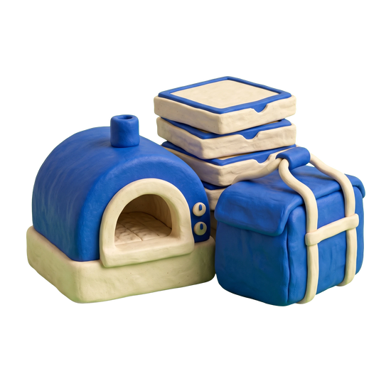 Pizza delivery illustration in blue and ivory clay