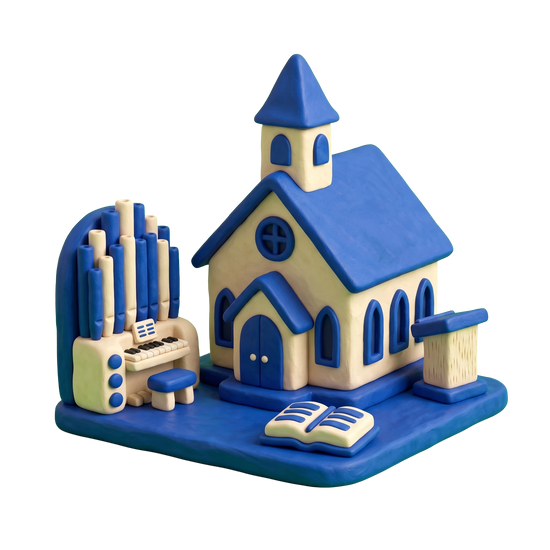 Place of worship illustration in blue and ivory clay
