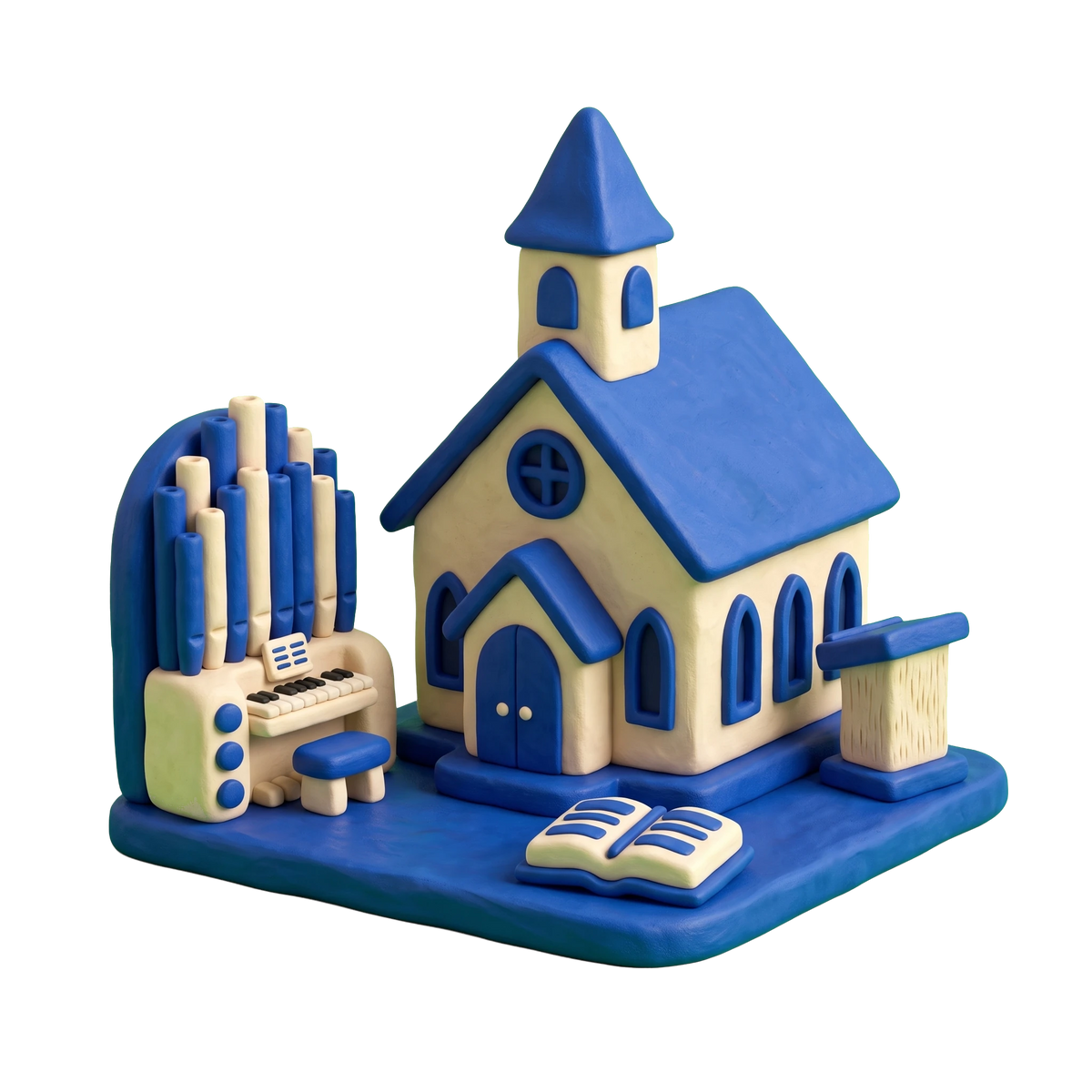 Place of worship illustration in blue and ivory clay