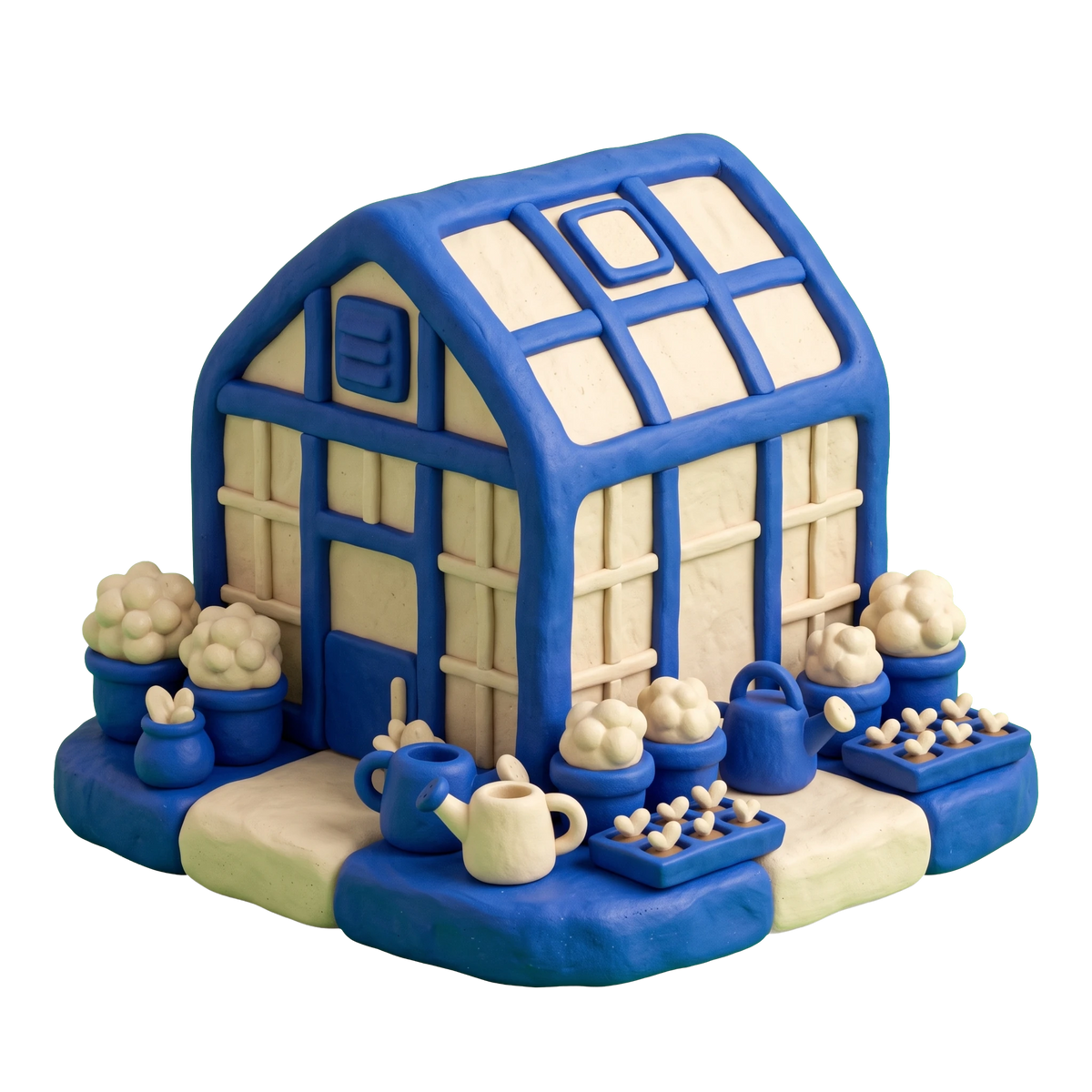 Plant nursery illustration in blue and ivory clay