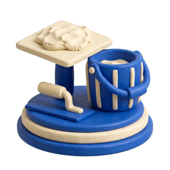 Plasterer illustration in blue and ivory clay