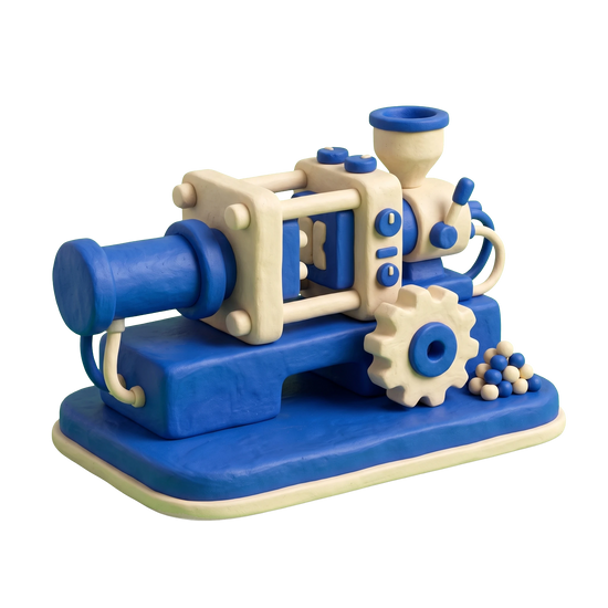 Plastic injection molding service illustration in blue and ivory clay