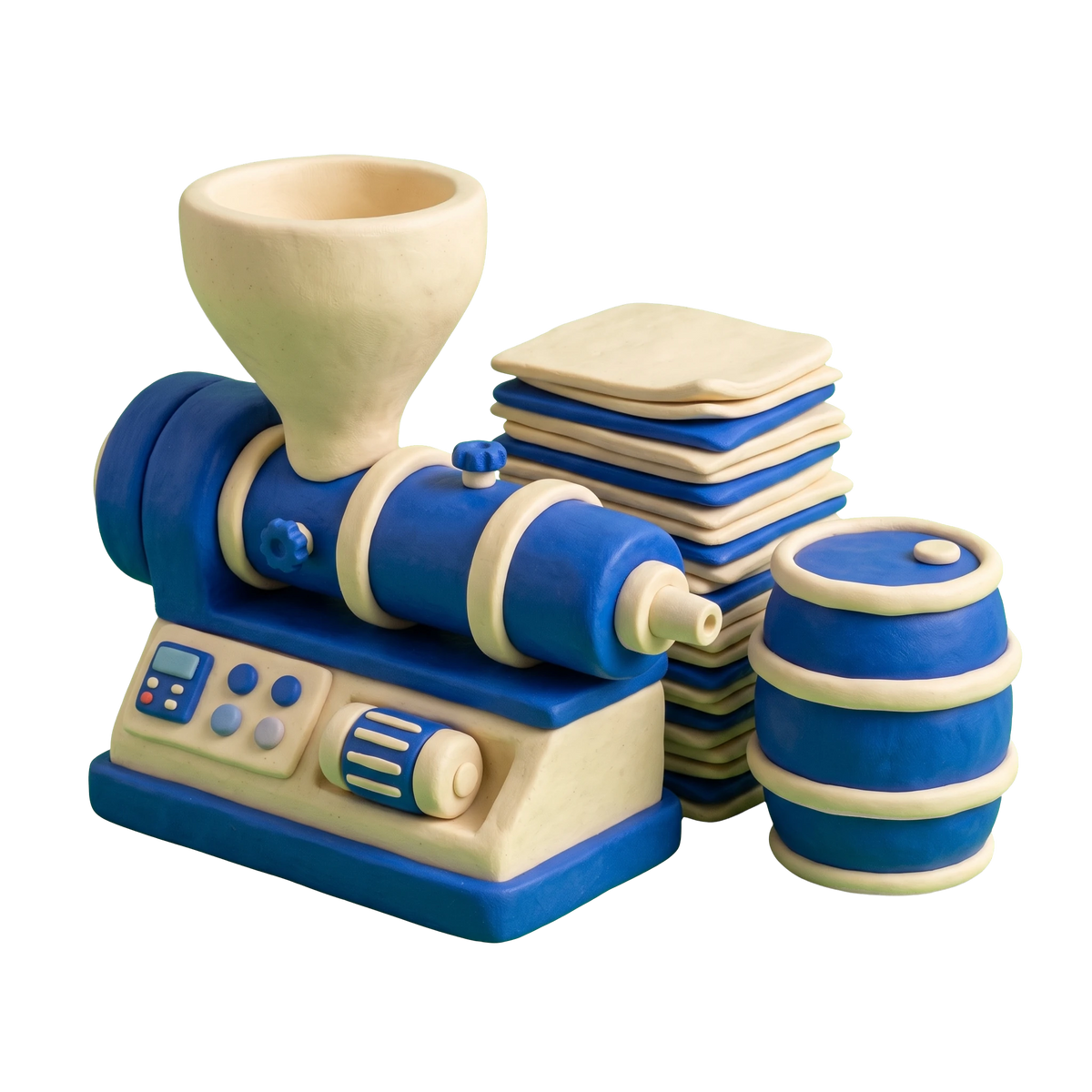 Plastic products supplier illustration in blue and ivory clay