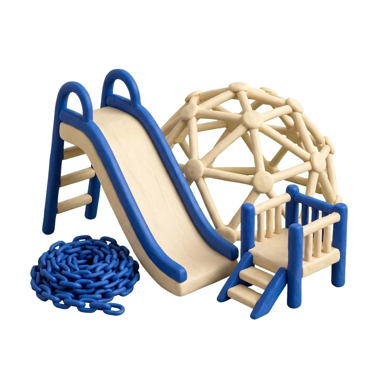 Playground equipment supplier illustration in blue and ivory clay