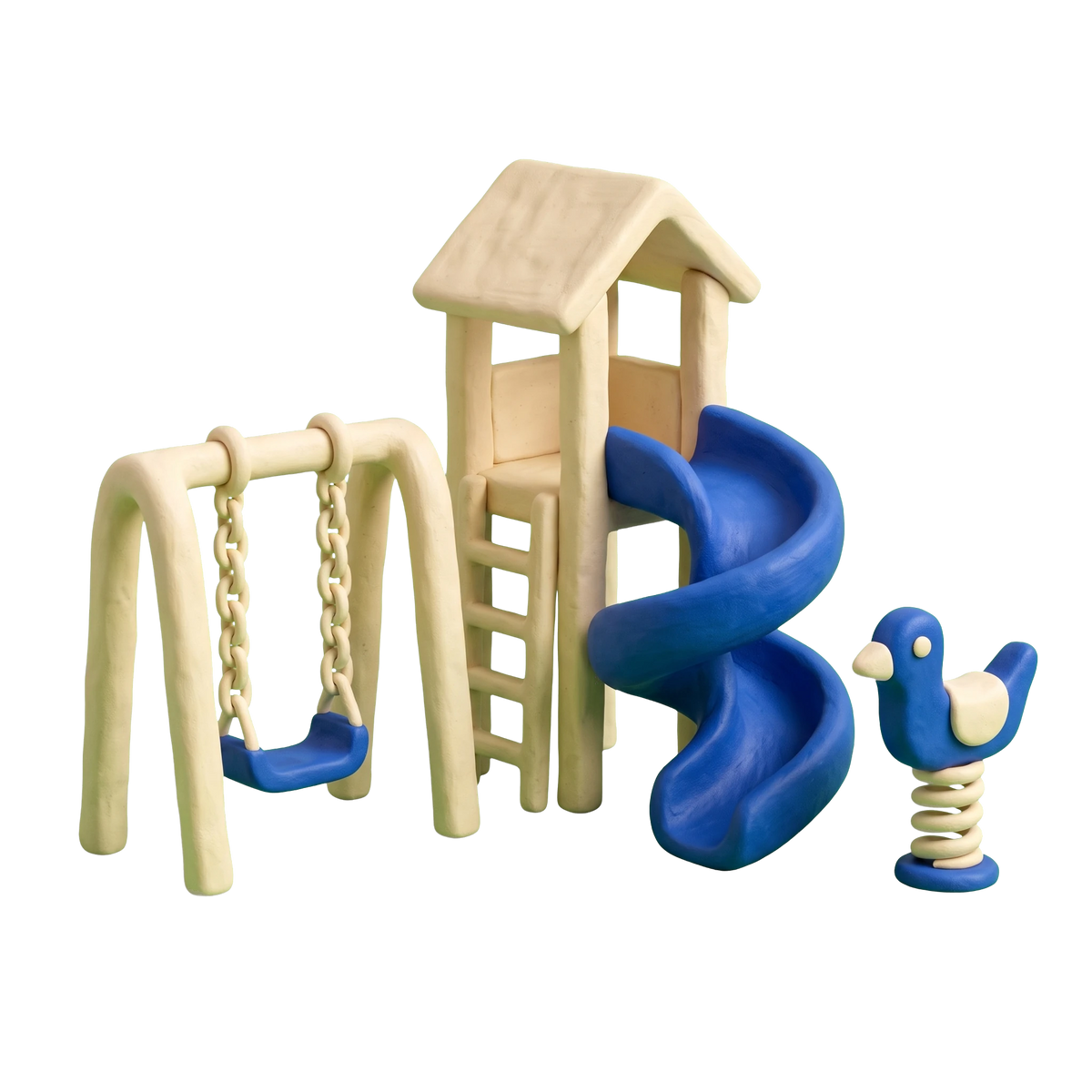 Playground illustration in blue and ivory clay
