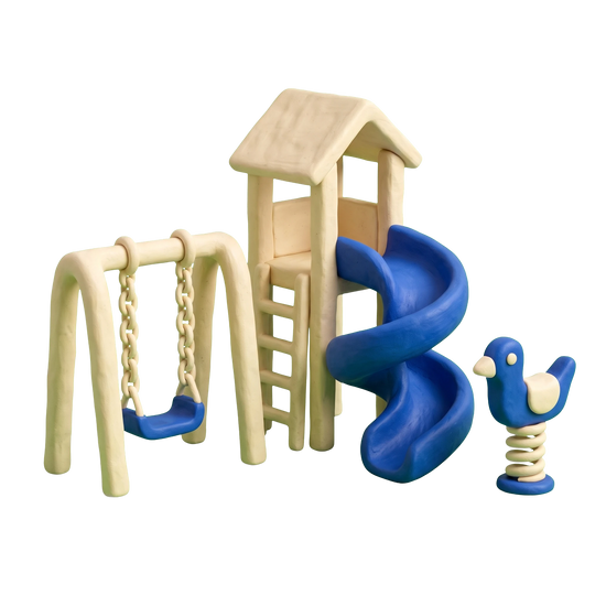 Playground illustration in blue and ivory clay