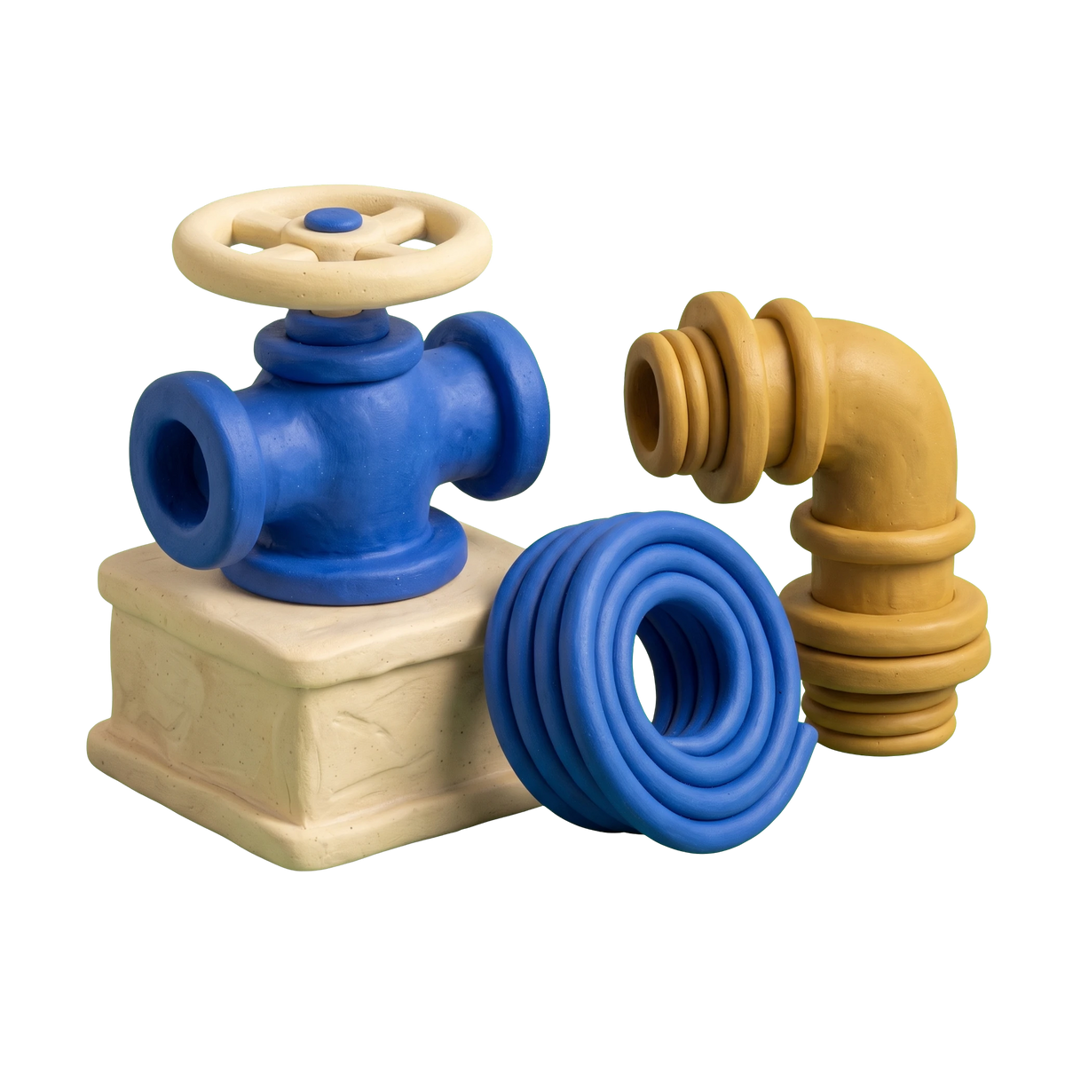 Plumbing supply store illustration in blue and ivory clay