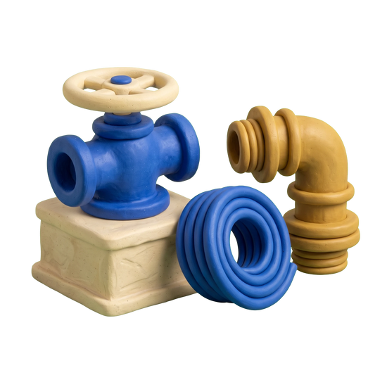 Plumbing supply store illustration in blue and ivory clay