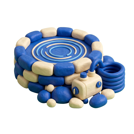 Pond contractor illustration in blue and ivory clay