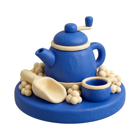Popcorn store illustration in blue and ivory clay