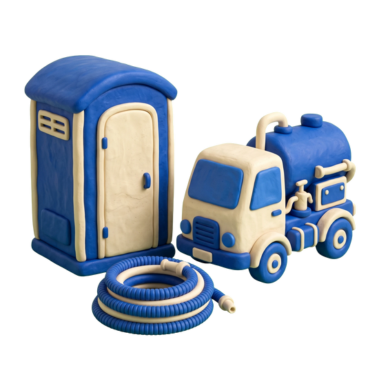 Portable toilet supplier illustration in blue and ivory clay
