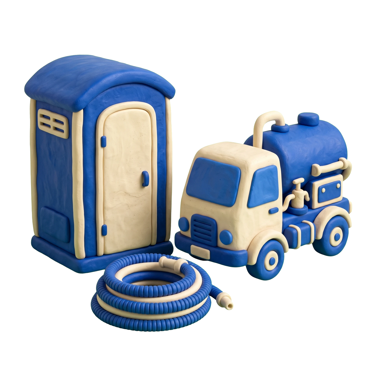 Portable toilet supplier illustration in blue and ivory clay