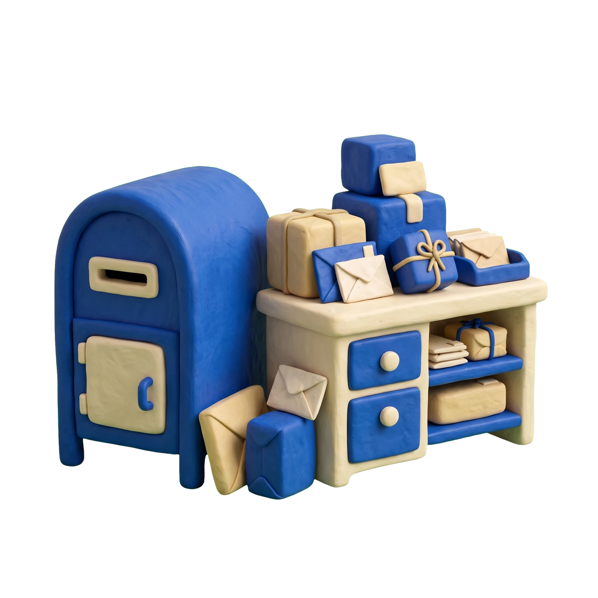 Post office illustration in blue and ivory clay