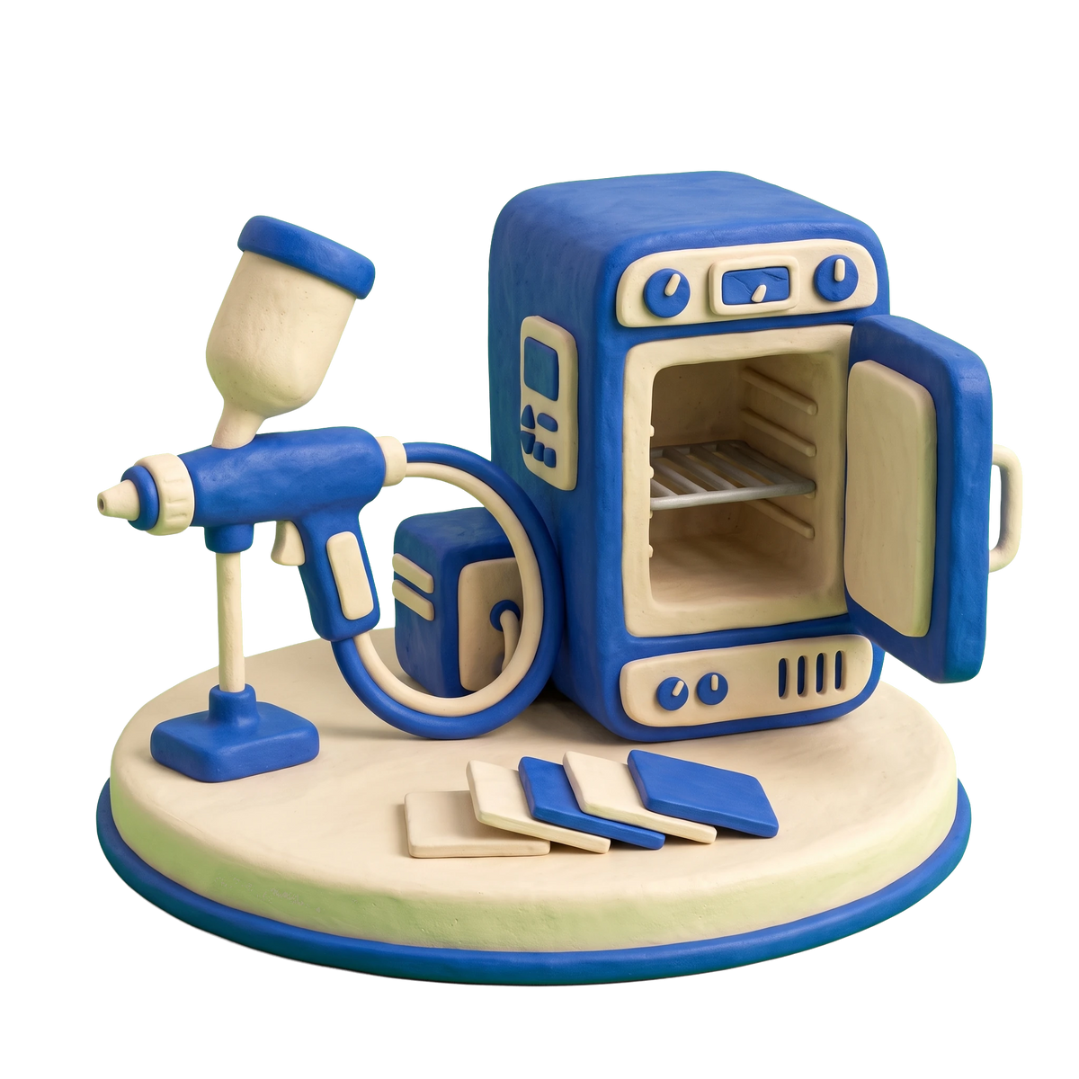 Powder coating service illustration in blue and ivory clay