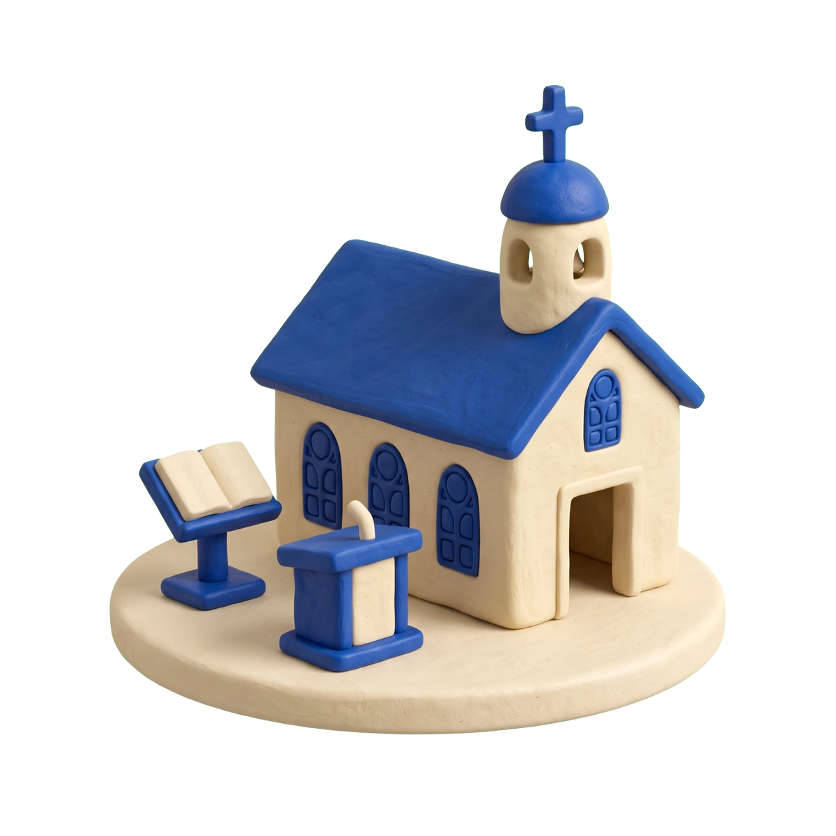 Presbyterian church illustration in blue and ivory clay