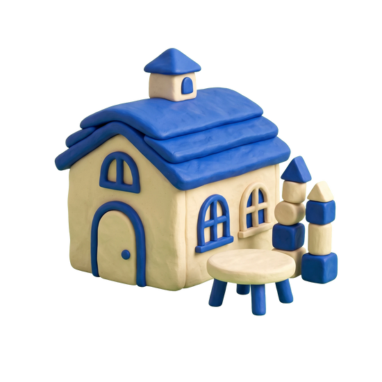 Preschool illustration in blue and ivory clay