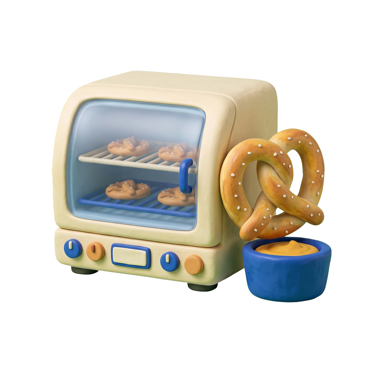 Pretzel store illustration in blue and ivory clay