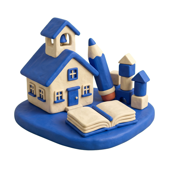 Primary school illustration in blue and ivory clay