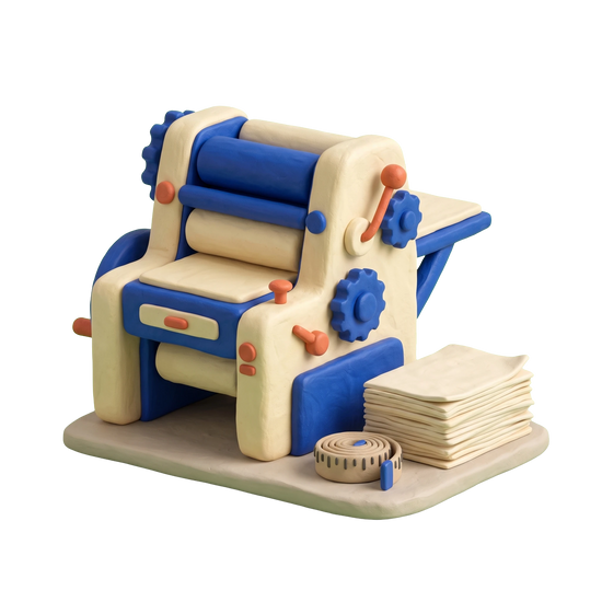 Print shop illustration in blue and ivory clay