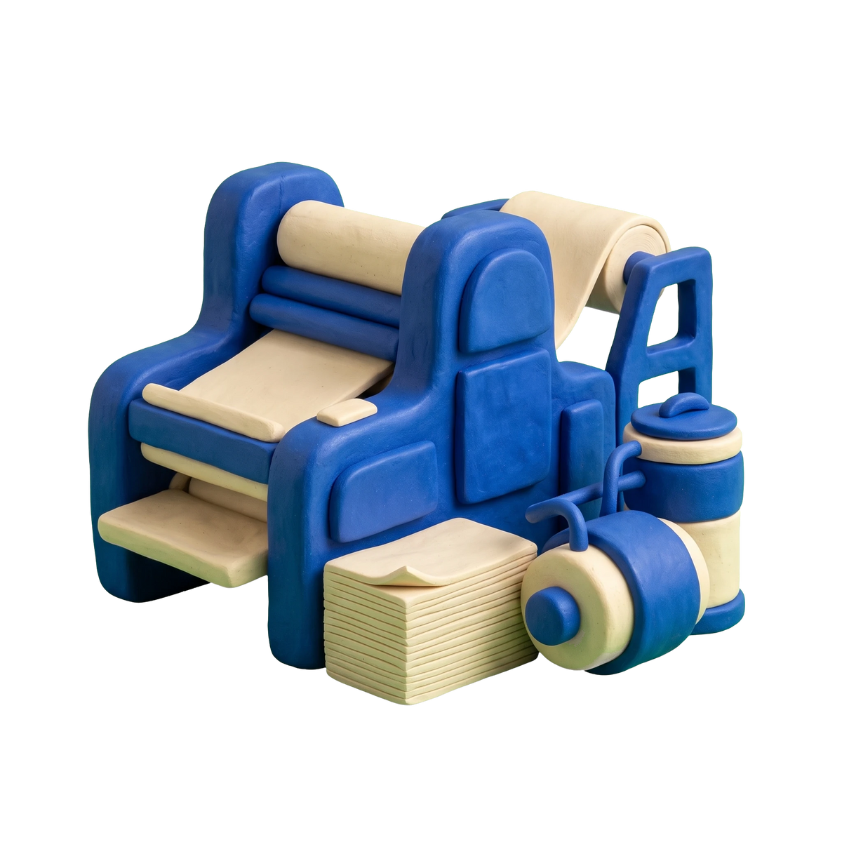 Printing equipment supplier illustration in blue and ivory clay