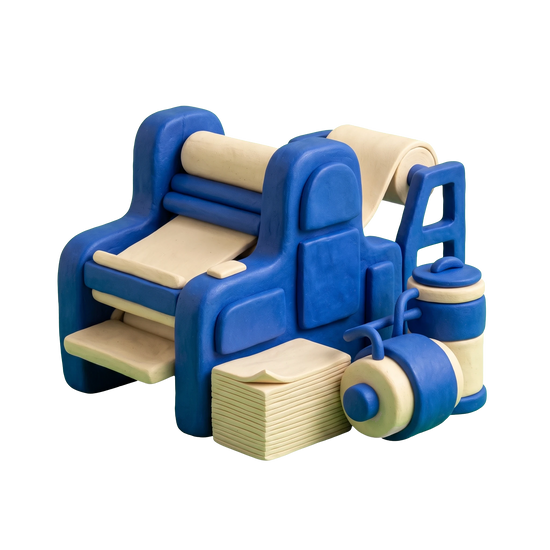 Printing equipment supplier illustration in blue and ivory clay
