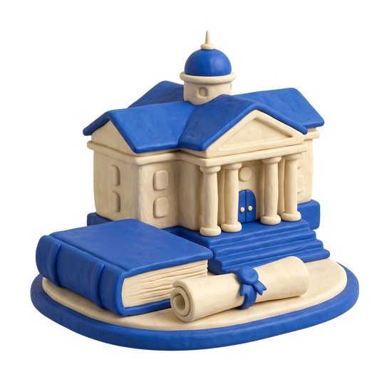 Private college illustration in blue and ivory clay