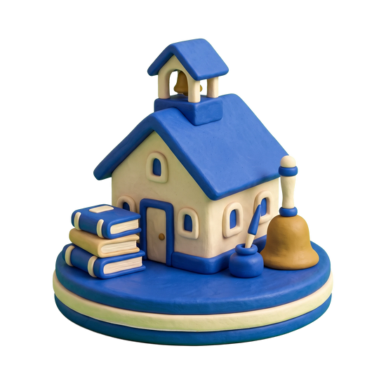 Private educational institution illustration in blue and ivory clay