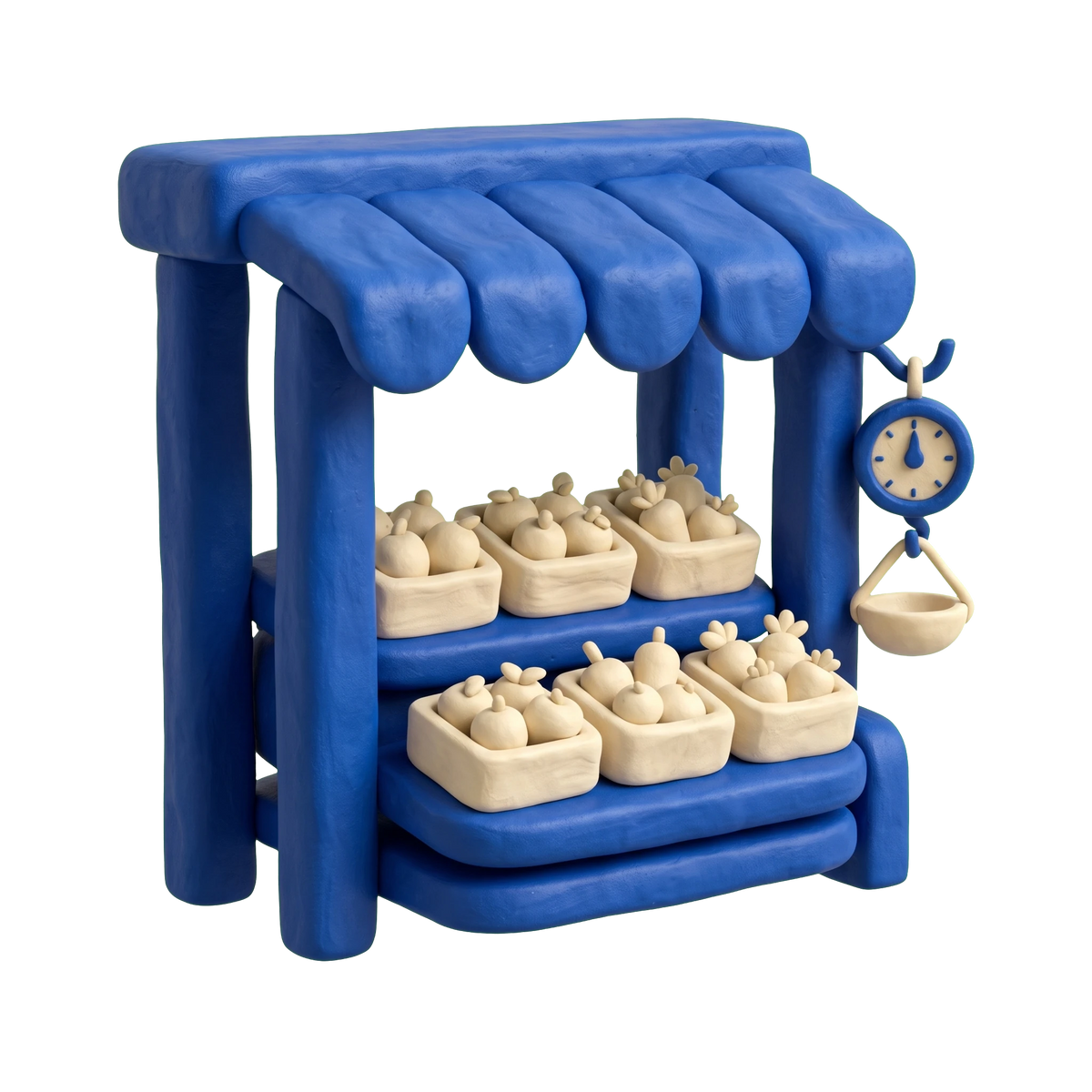 Produce market illustration in blue and ivory clay