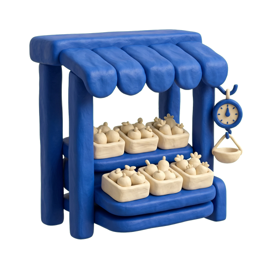 Produce market illustration in blue and ivory clay