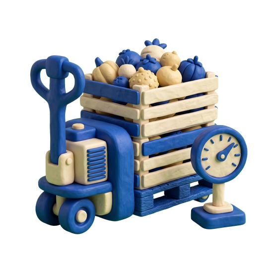Produce wholesaler illustration in blue and ivory clay