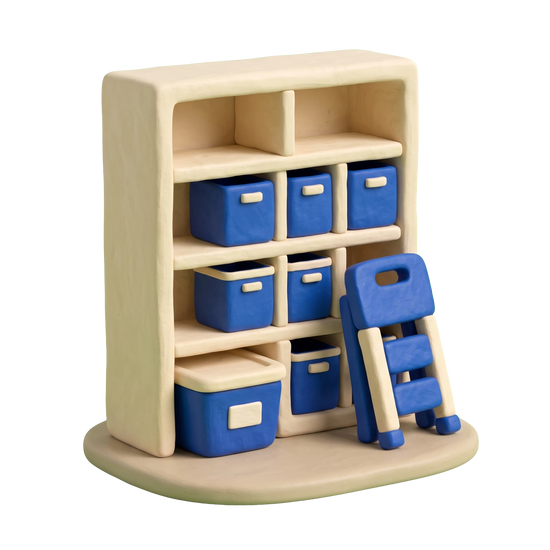 Professional organizer illustration in blue and ivory clay