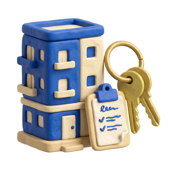 Property management company illustration in blue and ivory clay