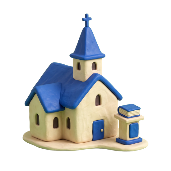 Protestant church illustration in blue and ivory clay