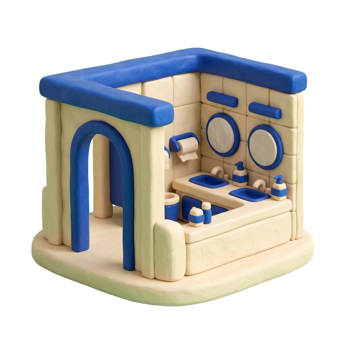 Public bathroom illustration in blue and ivory clay