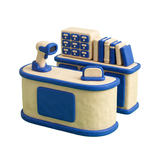 Public library illustration in blue and ivory clay