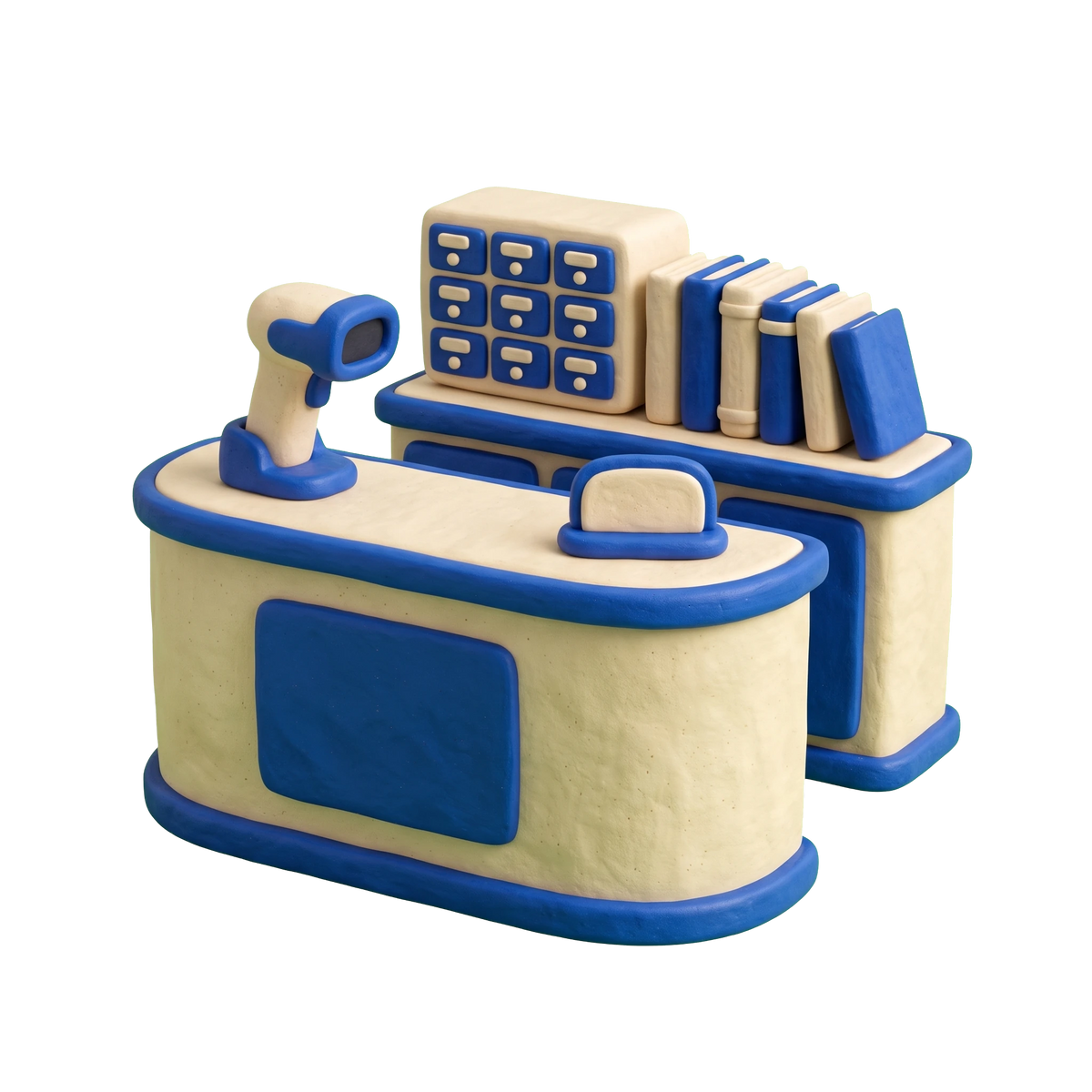 Public library illustration in blue and ivory clay