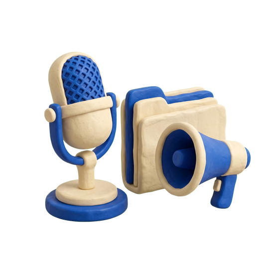 Public relations firm illustration in blue and ivory clay