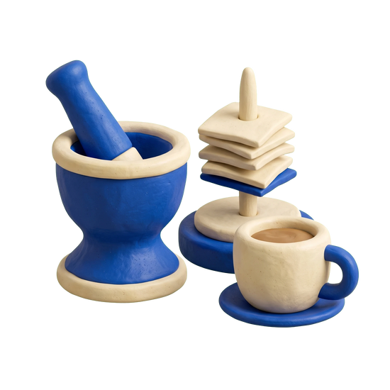 Puerto Rican restaurant illustration in blue and ivory clay