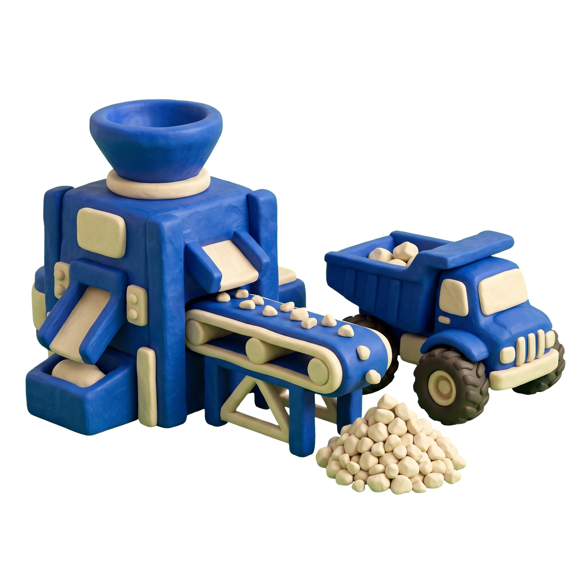 Quarry illustration in blue and ivory clay
