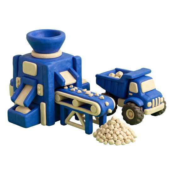Quarry illustration in blue and ivory clay