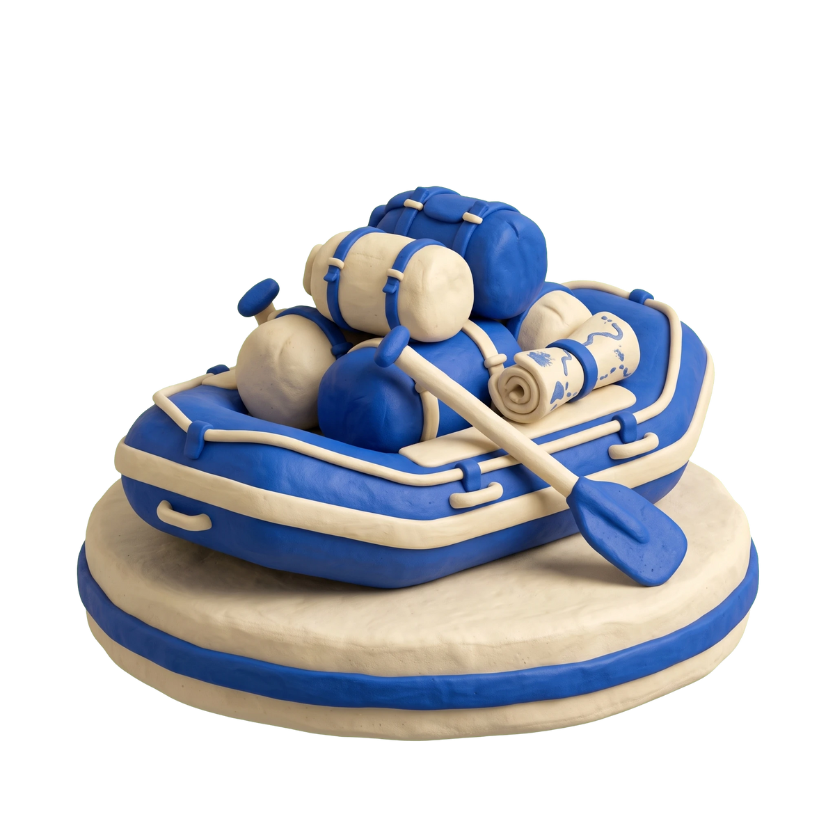 Raft trip outfitter illustration in blue and ivory clay