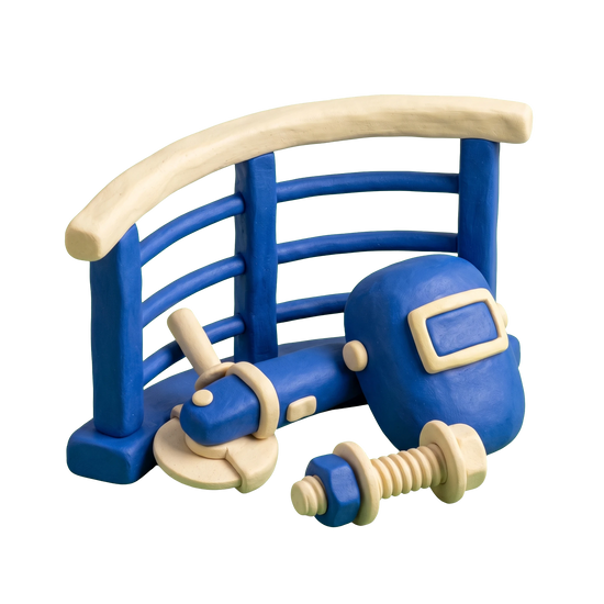 Railing contractor illustration in blue and ivory clay