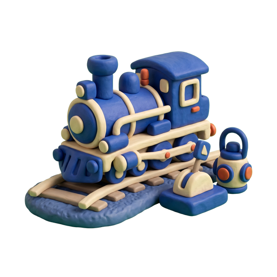 Railroad company illustration in blue and ivory clay
